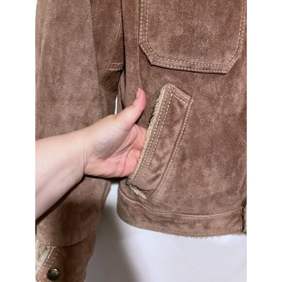 Vintage Grande Bay Suede Trucker Jacket 44 Sherpa Faux Fur Lined Western Cowboy - Picture 4 of 15